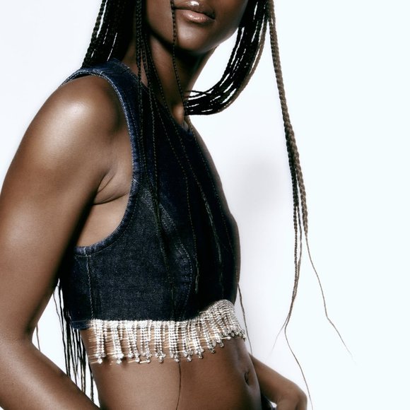 BNWT ZARA JEWEL DENIM TOP DARK INDIGO CROP TOP - REF. 7227/240 SMALL - Picture 3 of 8